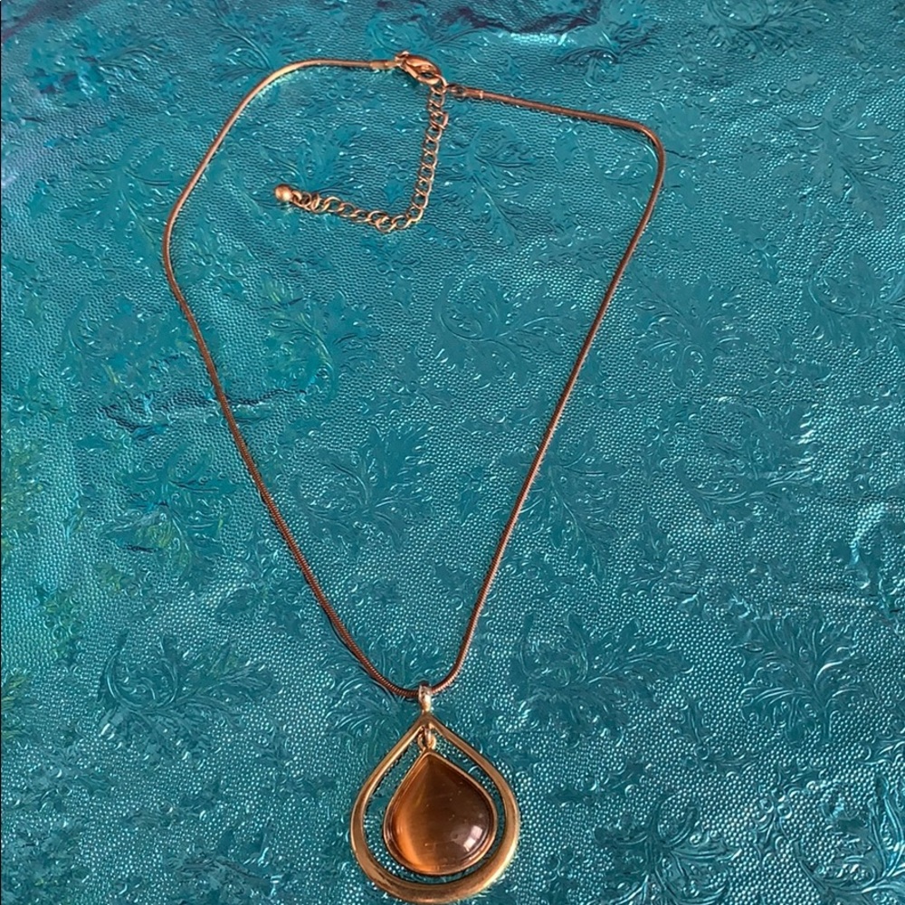 Necklace brown chain double teardrop cream stone - Picture 3 of 12